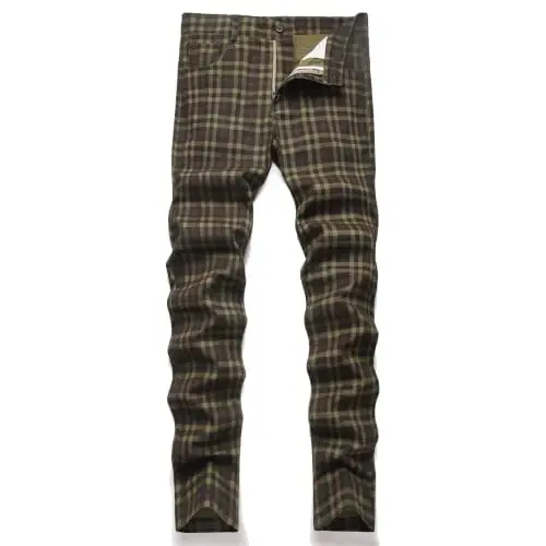 Keevoom Plaid Pants for Men Stretch Skinny Slim Fit Flat-Front Casual Fashion Comfy Solid Pencil Business Dress Chinos Pants - KEEVOOM