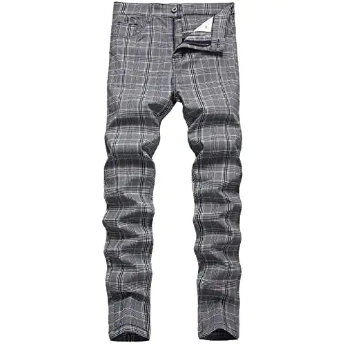 Keevoom Plaid Pants for Men Stretch Skinny Slim Fit Flat-Front Casual Fashion Comfy Solid Pencil Business Dress Chinos Pants 