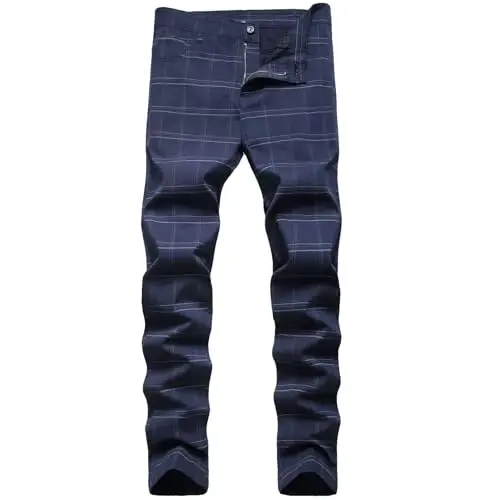Keevoom Plaid Pants for Men Stretch Skinny Slim Fit Flat-Front Casual Fashion Comfy Solid Pencil Business Dress Chinos Pants - 1
