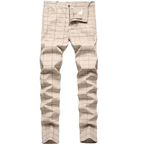 Keevoom Plaid Pants for Men Stretch Skinny Slim Fit Flat-Front Casual Fashion Comfy Solid Pencil Business Dress Chinos Pants - 1