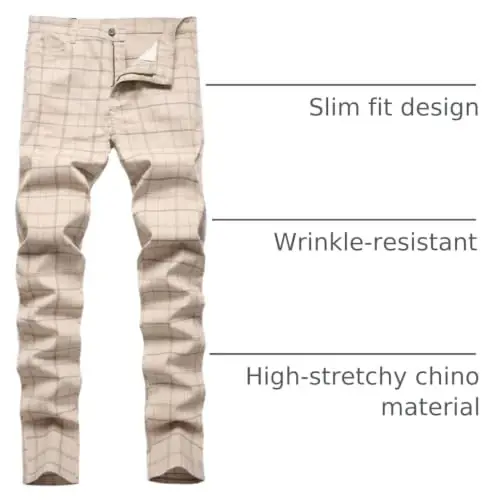 Keevoom Plaid Pants for Men Stretch Skinny Slim Fit Flat-Front Casual Fashion Comfy Solid Pencil Business Dress Chinos Pants - 4
