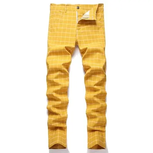 Keevoom Plaid Pants for Men Stretch Skinny Slim Fit Flat-Front Casual Fashion Comfy Solid Pencil Business Dress Chinos Pants - 1