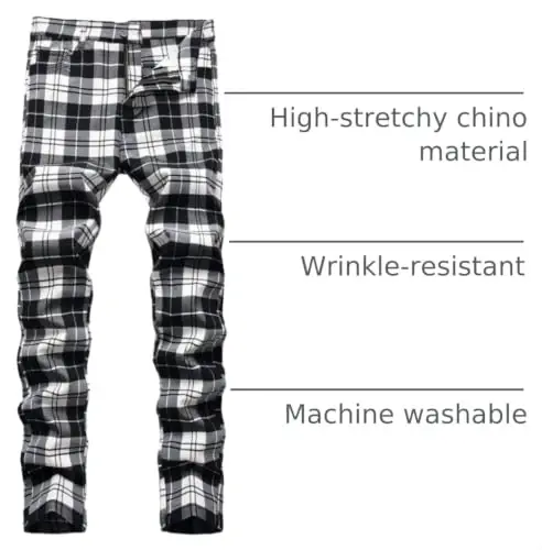 Keevoom Plaid Pants for Men Stretch Skinny Slim Fit Flat-Front Casual Fashion Comfy Solid Pencil Business Dress Chinos Pants - 4