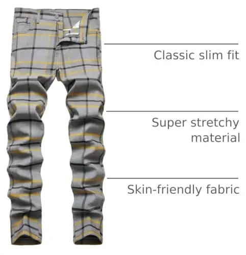 Keevoom Plaid Pants for Men Stretch Skinny Slim Fit Flat-Front Casual Fashion Comfy Solid Pencil Business Dress Chinos Pants - 4