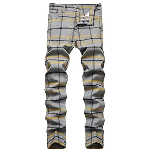 Keevoom Plaid Pants for Men Stretch Skinny Slim Fit Flat-Front Casual Fashion Comfy Solid Pencil Business Dress Chinos Pants - KEEVOOM