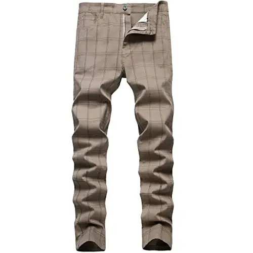 Keevoom Plaid Pants for Men Stretch Skinny Slim Fit Flat-Front Casual Fashion Comfy Solid Pencil Business Dress Chinos Pants - 1