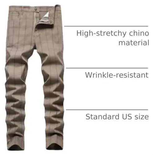 Keevoom Plaid Pants for Men Stretch Skinny Slim Fit Flat-Front Casual Fashion Comfy Solid Pencil Business Dress Chinos Pants - 4