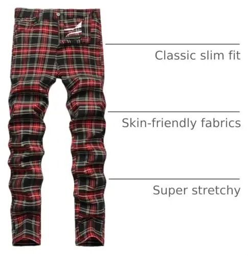 Keevoom Plaid Pants for Men Stretch Skinny Slim Fit Flat-Front Casual Fashion Comfy Solid Pencil Business Dress Chinos Pants - 4