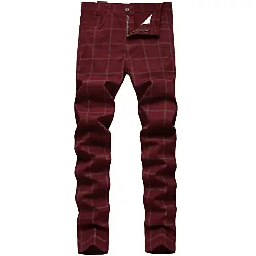 Keevoom Plaid Pants for Men Stretch Skinny Slim Fit Flat-Front Casual Fashion Comfy Solid Pencil Business Dress Chinos Pants - 1