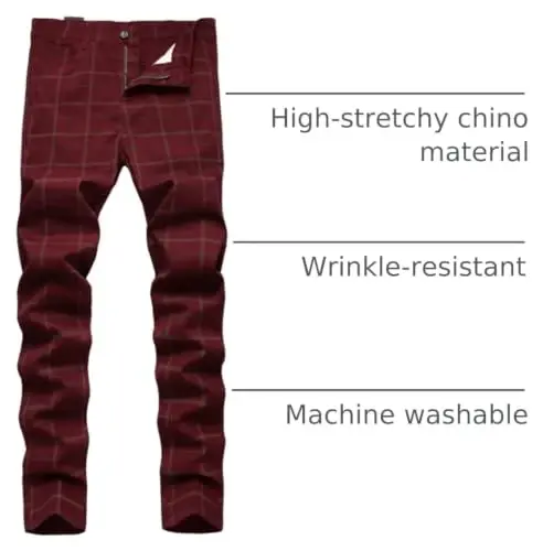 Keevoom Plaid Pants for Men Stretch Skinny Slim Fit Flat-Front Casual Fashion Comfy Solid Pencil Business Dress Chinos Pants - 4