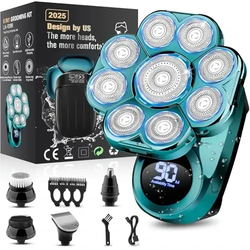 9D Electric Head Shaver for Bald Men, Upgraded 5-in-1 Waterproof Wet/Dry Grooming Kit Electric Shaver for Men, Cordless Rechargeable Bald Head Razor for Home&Travel - Modazone