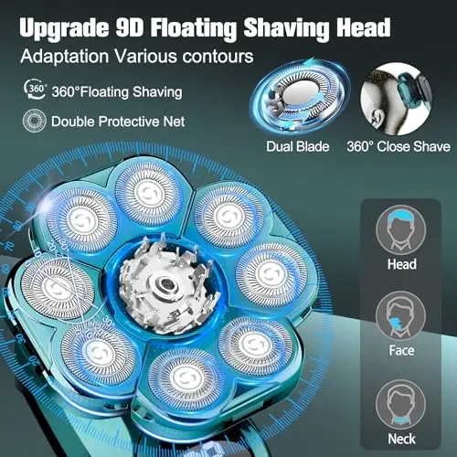 9D Electric Head Shaver for Bald Men, Upgraded 5-in-1 Waterproof Wet/Dry Grooming Kit Electric Shaver for Men, Cordless Rechargeable Bald Head Razor for Home&Travel - 2
