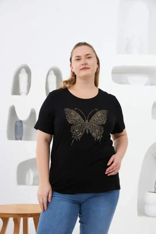 Kelebek Taş Baskılı Büyük Beden Tişört Siyah - 1