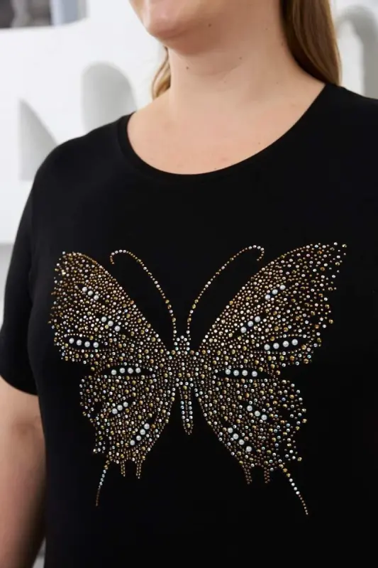 Kelebek Taş Baskılı Büyük Beden Tişört Siyah - 2