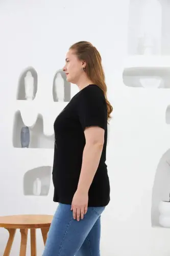 Kelebek Taş Baskılı Büyük Beden Tişört Siyah - 3