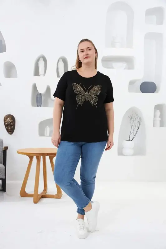 Kelebek Taş Baskılı Büyük Beden Tişört Siyah - 4
