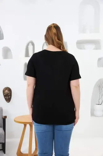 Kelebek Taş Baskılı Büyük Beden Tişört Siyah - 5