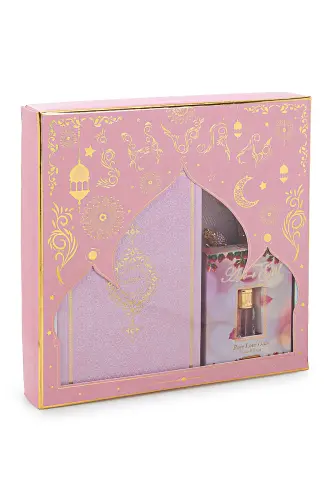 Kelin boʻchchasiga mos sovgʻalik Madina xattli Qurʼoni Karim va sep uchun joynamoz toʻplami pushti-pushti - 5