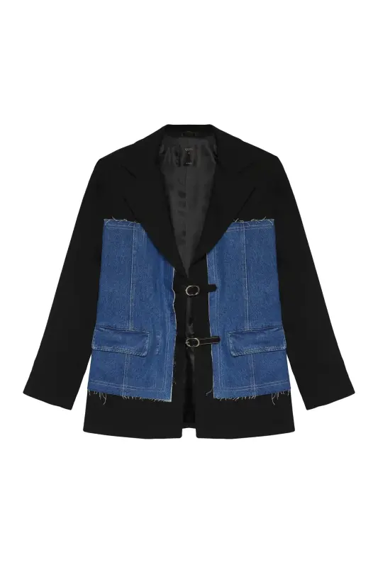 Kemer Aksesuarlı Denim Match Blazer Ceket Siyah - 2