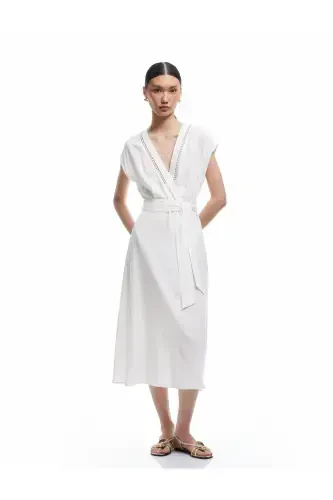 Kemer Detaylı Viskon - Keten Karışımlı Midi Kolsuz Kruvaze Elbise - Koton (1)