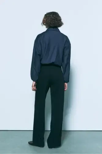 Kemerli ve dökümlü straight fit kumaş pantolon-Siyah - 5