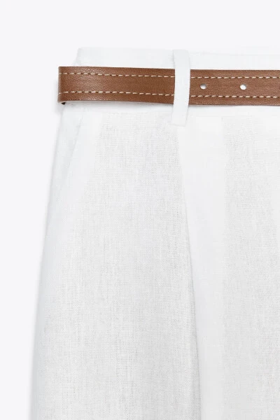 KEMERLİ DÜZ KETEN PANTOLON-Kirli-beyaz - 6