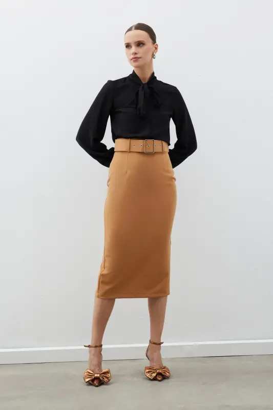 Kemerli Kalem Etek - Camel-CAMEL - SATEEN