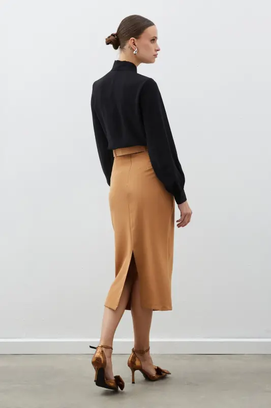 Kemerli Kalem Etek - Camel-CAMEL - 4