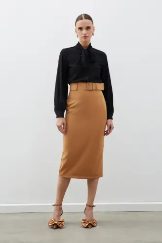 Kemerli Kalem Etek - Camel-CAMEL - SATEEN (1)