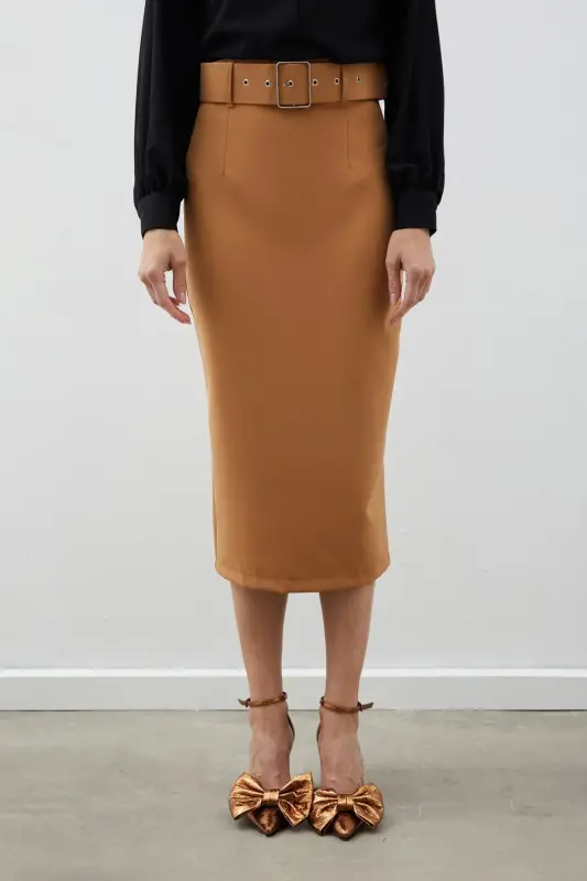 Kemerli Kalem Etek - Camel-CAMEL - 3