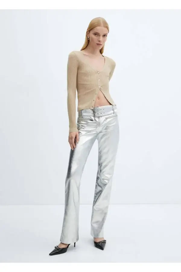 Kemerli metalik pantolon - 2
