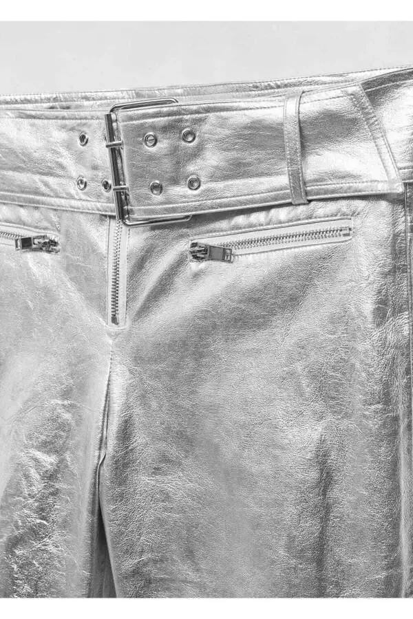 Kemerli metalik pantolon - 5