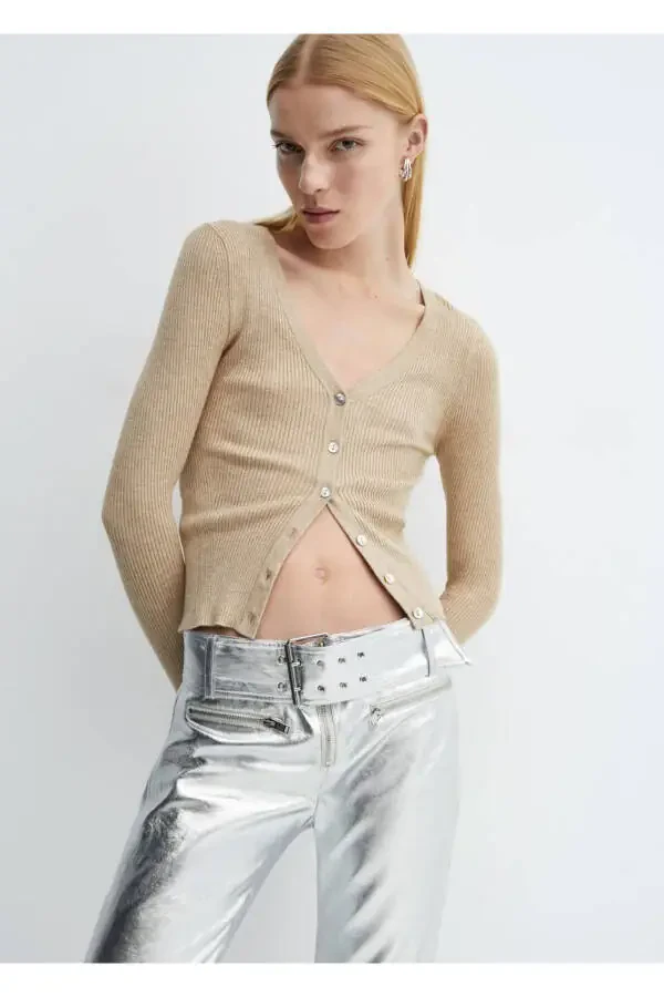 Kemerli metalik pantolon - 6