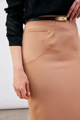 Kemerli Midi Boy Kalem Etek - Camel-CAMEL - 3
