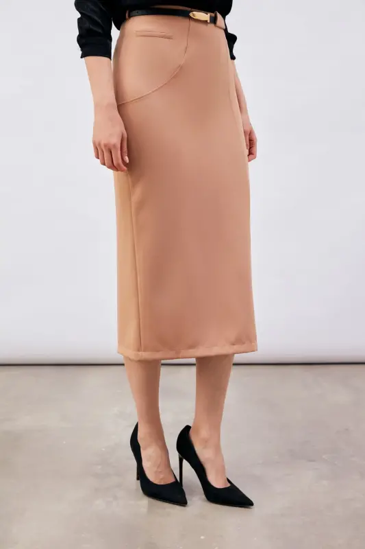 Kemerli Midi Boy Kalem Etek - Camel-CAMEL - 4