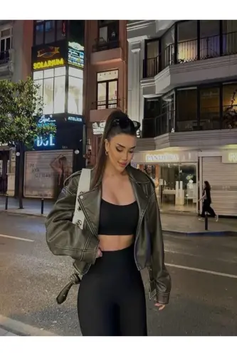 Kemerli Oversize Deri Biker Ceket - yeşil - 2