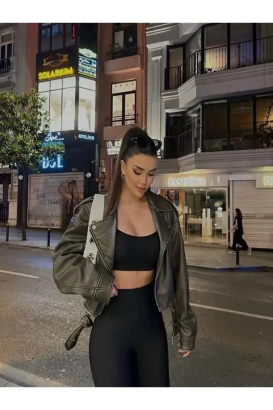 Kemerli Oversize Deri Biker Ceket - yeşil - 2