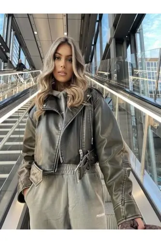 Kemerli Oversize Deri Biker Ceket - yeşil - 4