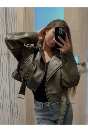 Kemerli Oversize Deri Biker Ceket - yeşil - 5