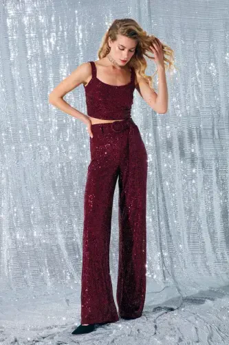 Kemerli Payet Pantolon - Bordo-BORDO - SATEEN (1)