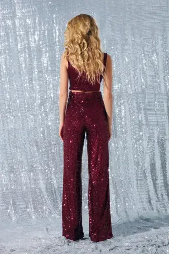 Kemerli Payet Pantolon - Bordo-BORDO - 7