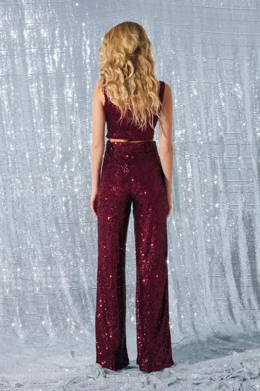 Kemerli Payet Pantolon - Bordo-BORDO - 7
