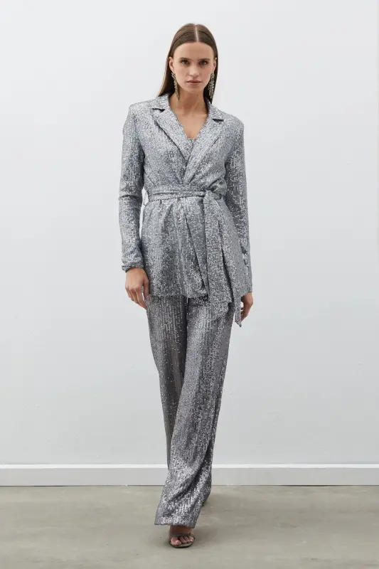 Kemerli Payet Pantolon - Gümüş-GÜMÜŞ - 2