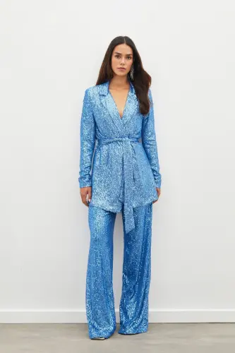 Kemerli Payet Pantolon - İndigo-İNDİGO - 2