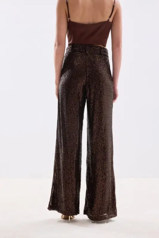 Kemerli Payet Pantolon - Kahve-Kahve - 8