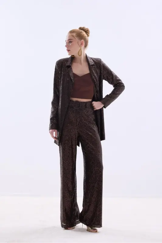 Kemerli Payet Pantolon - Kahve-Kahve - 1