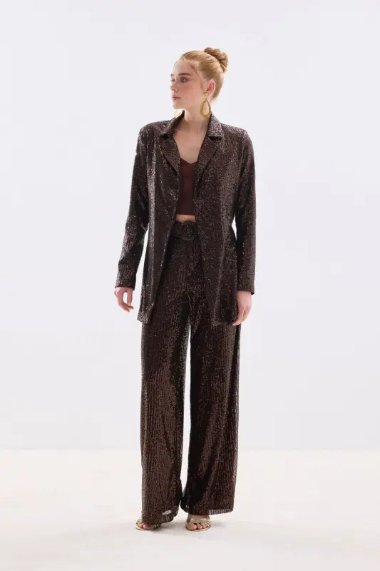 Kemerli Payet Pantolon - Kahve-Kahve - 3