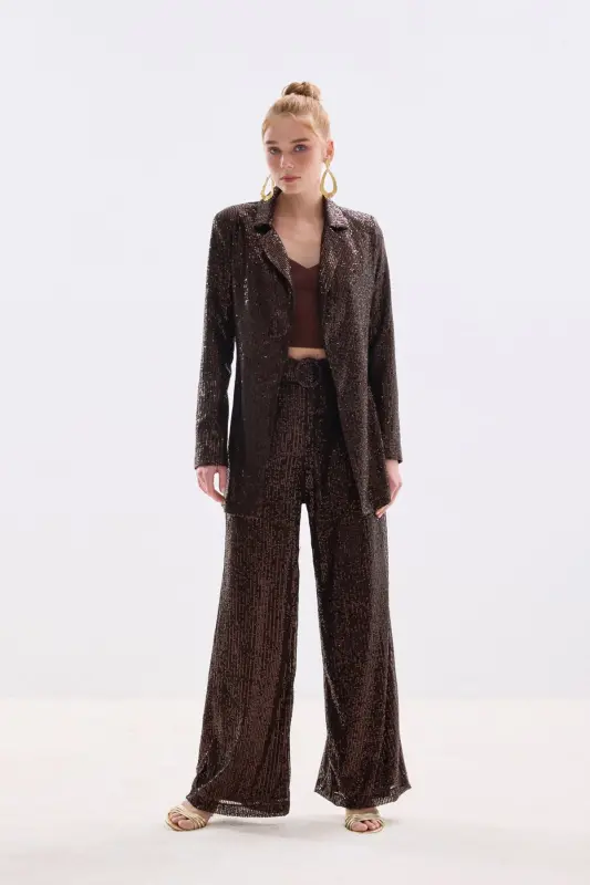 Kemerli Payet Pantolon - Kahve-Kahve - 4