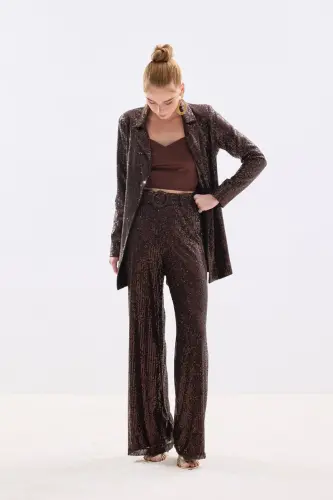 Kemerli Payet Pantolon - Kahve-Kahve - SATEEN (1)