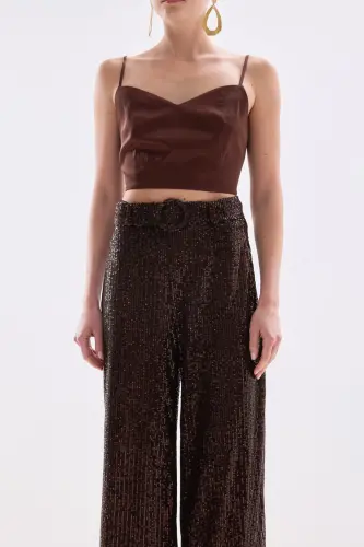Kemerli Payet Pantolon - Kahve - Kahve - 7